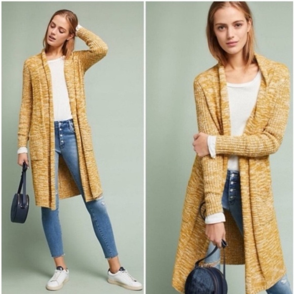 Anthropologie Abigail Marled Duster Cardigan in a mustard Yellow & Cream - SZ M